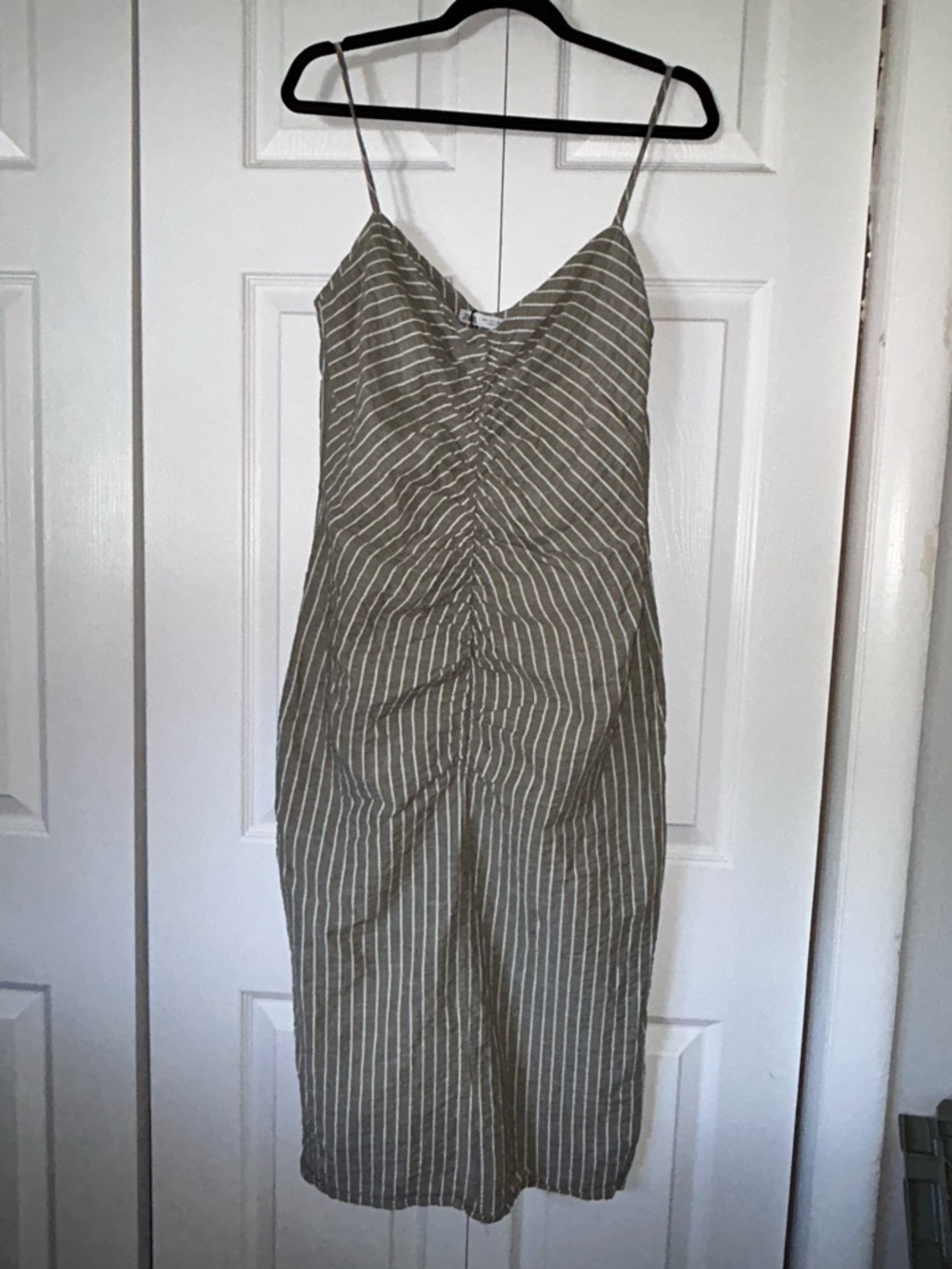 Zara Olive Green & White Striped Spaghetti Strap Midi Dress
